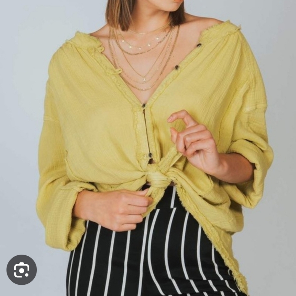 Free People We The Free Moving Mountains Slub Cotton Button Blouse Yellow XS